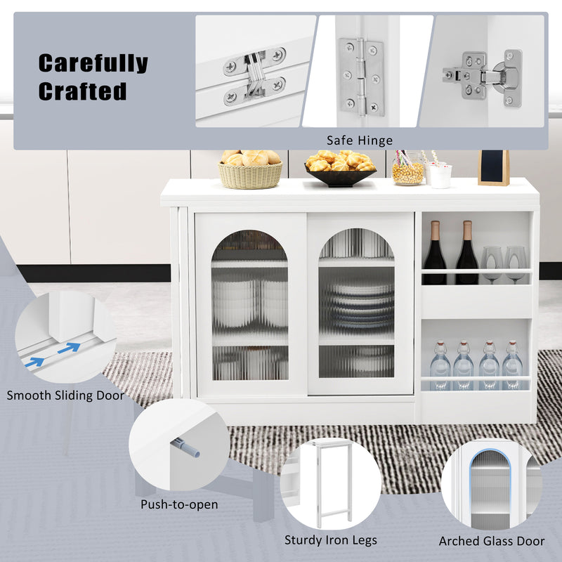 Buffet avec table retratable à 360° avec portes en verre ondulé convertible îlot de cuisine blanc PRAIRIEHAZE