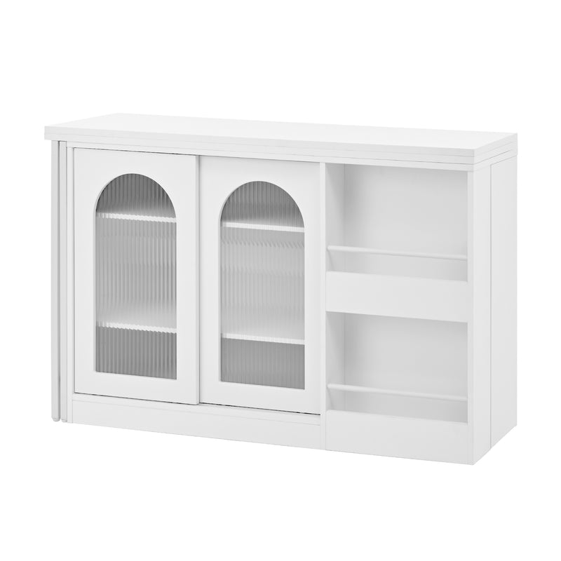 Buffet avec table retratable à 360° avec portes en verre ondulé convertible îlot de cuisine blanc PRAIRIEHAZE