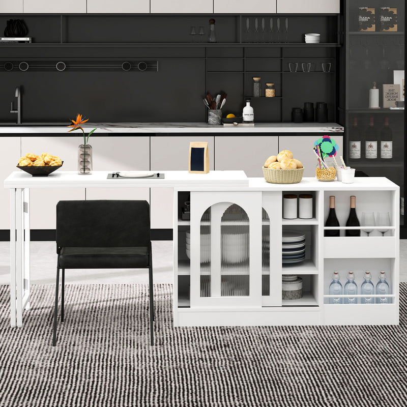 Buffet avec table retratable à 360° avec portes en verre ondulé convertible îlot de cuisine blanc PRAIRIEHAZE