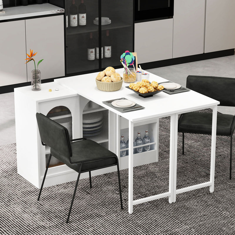 Buffet avec table retratable à 360° avec portes en verre ondulé convertible îlot de cuisine blanc PRAIRIEHAZE