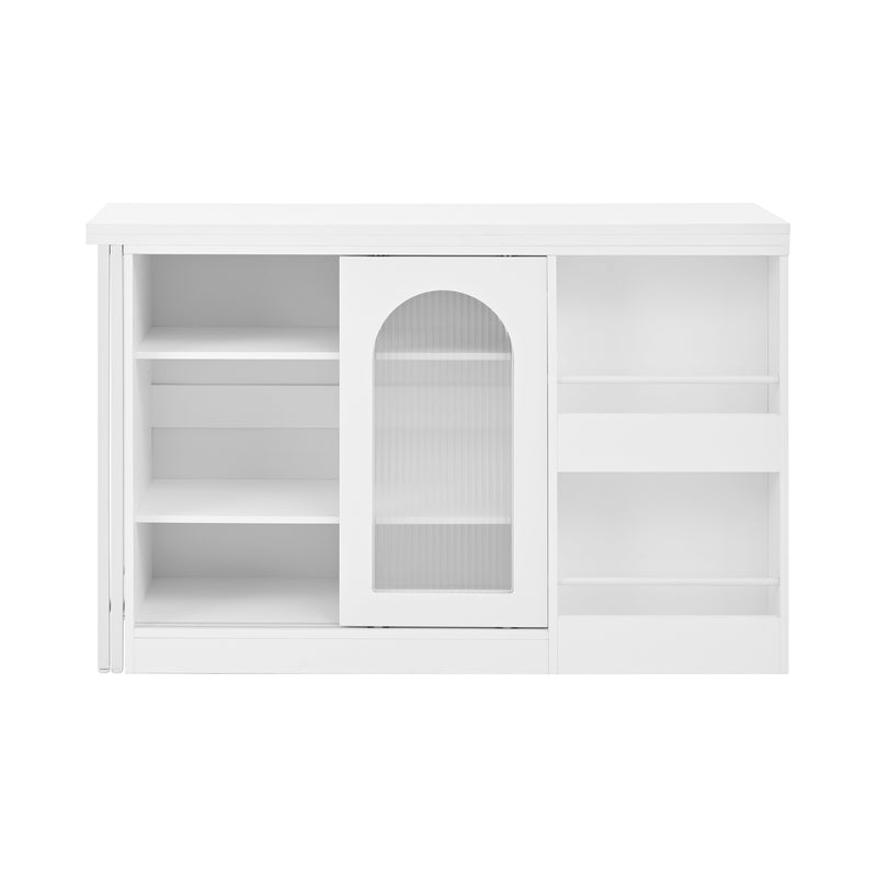 Buffet avec table retratable à 360° avec portes en verre ondulé convertible îlot de cuisine blanc PRAIRIEHAZE