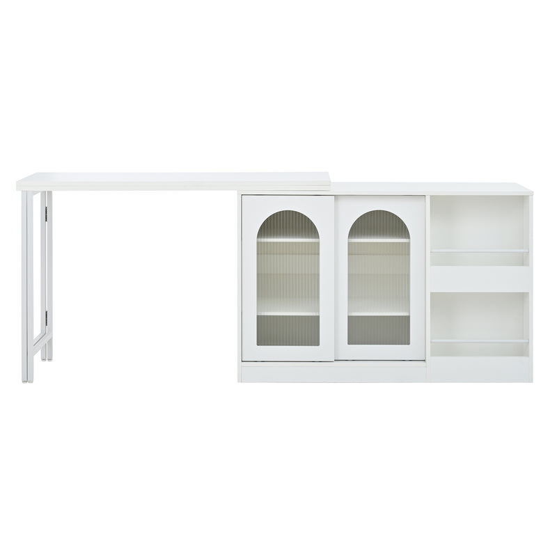 Buffet avec table retratable à 360° avec portes en verre ondulé convertible îlot de cuisine blanc PRAIRIEHAZE