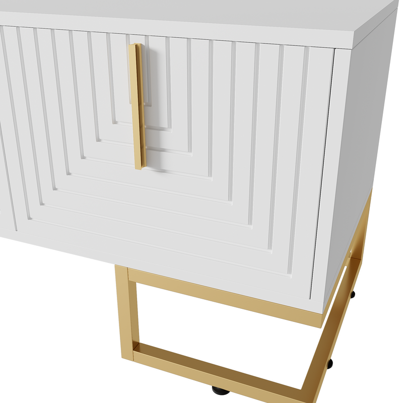 Buffet bois noyer à 6 tiroirs avec poignées en rotin et pieds en métal PRODUCER