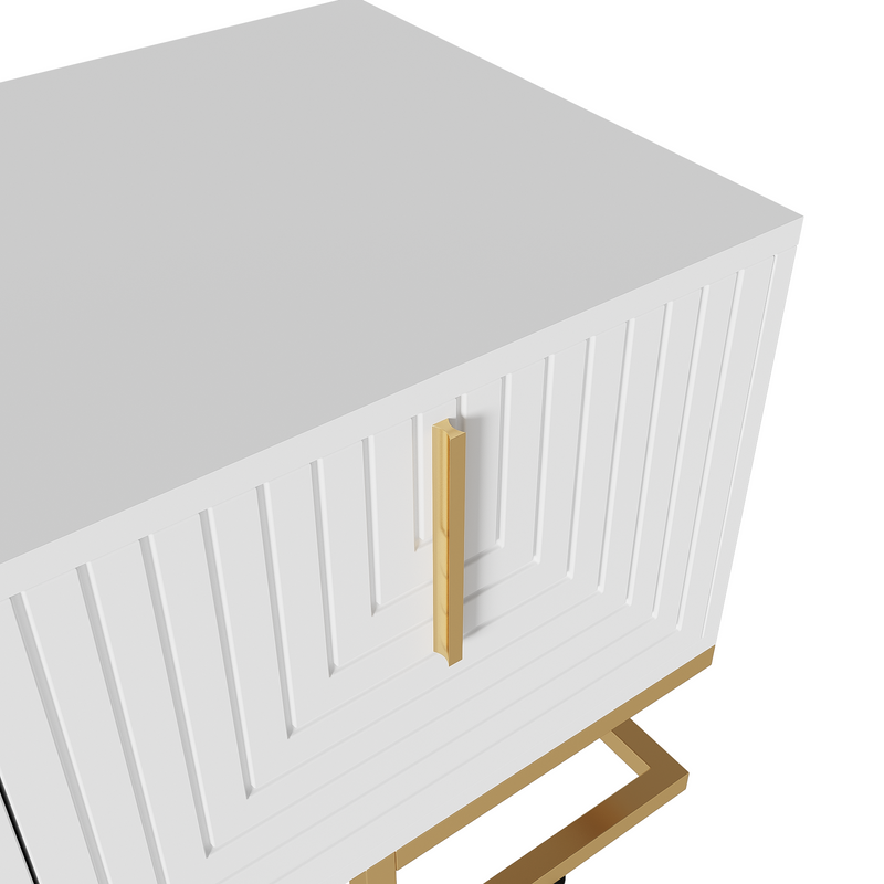 Buffet bois noyer à 6 tiroirs avec poignées en rotin et pieds en métal PRODUCER