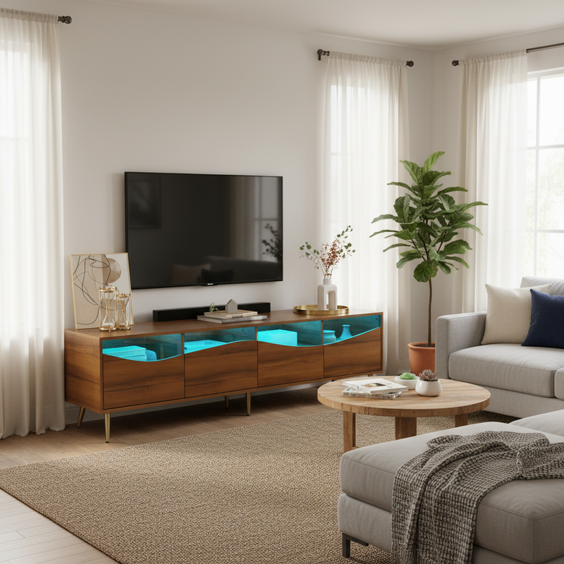 Meuble TV rétro effet bois noyer avec éclairage LED pieds métalliques dorés PROKARYOT