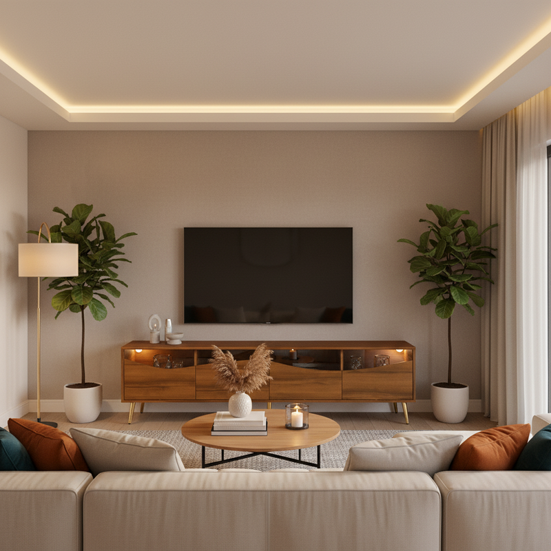 Meuble TV rétro effet bois noyer avec éclairage LED pieds métalliques dorés PROKARYOT
