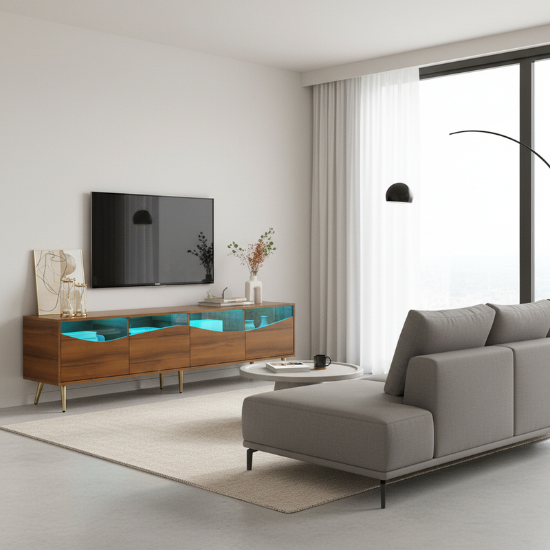 Meuble TV rétro effet bois noyer avec éclairage LED pieds métalliques dorés PROKARYOT