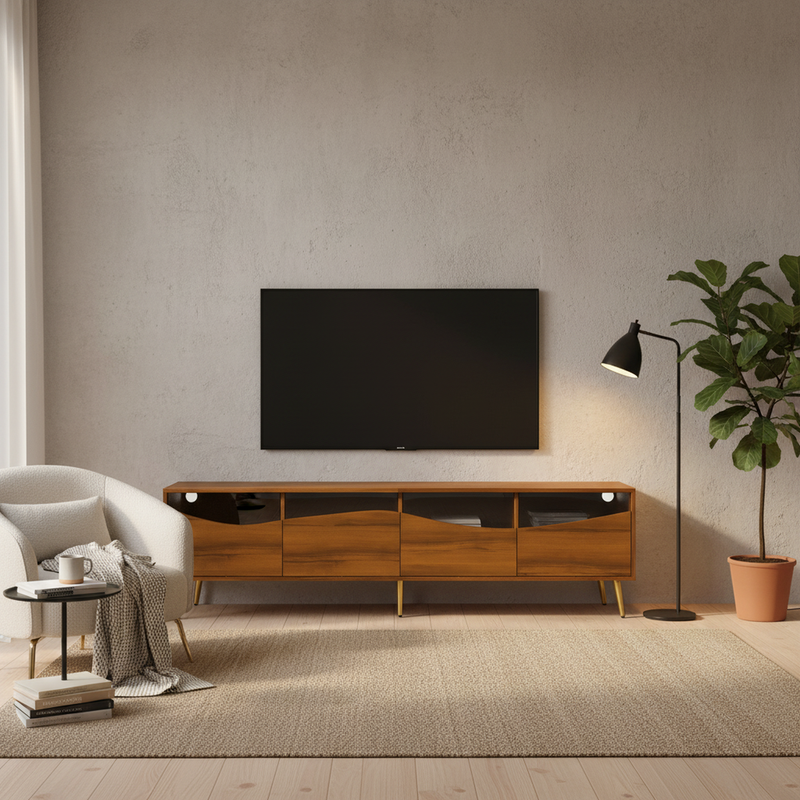 Meuble TV rétro effet bois noyer avec éclairage LED pieds métalliques dorés PROKARYOT
