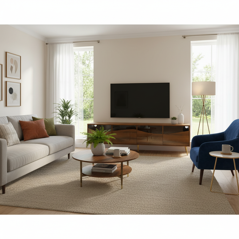 Meuble TV rétro effet bois noyer avec éclairage LED pieds métalliques dorés PROKARYOT