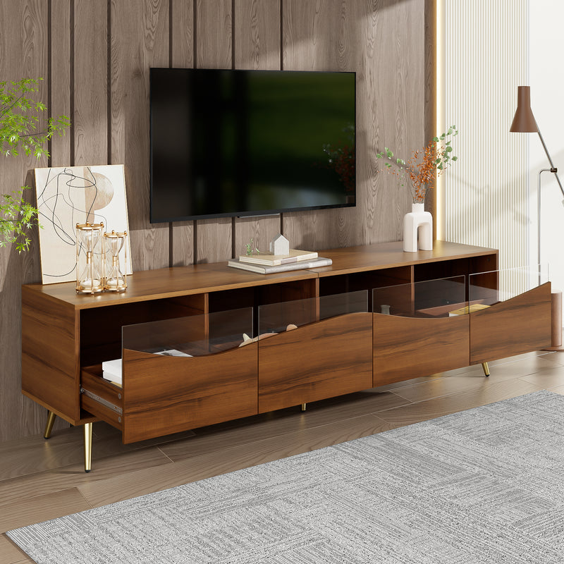 Meuble TV rétro effet bois noyer avec éclairage LED pieds métalliques dorés PROKARYOT