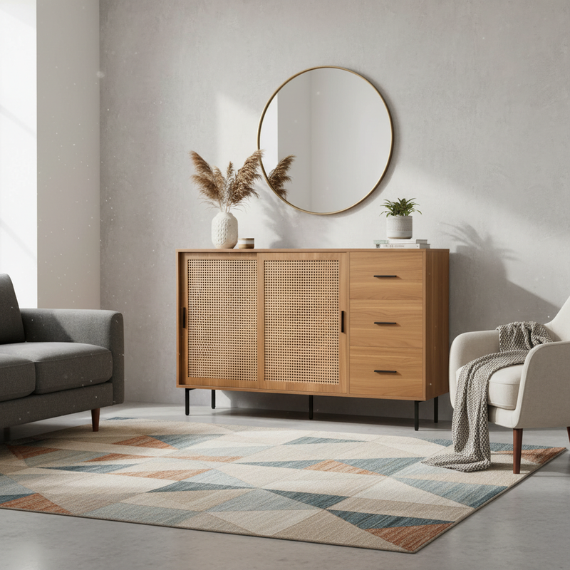 Buffet vintage effet bois et 2 portes coulissantes en rotin tressé et 3 tiroirs PROPOLIS