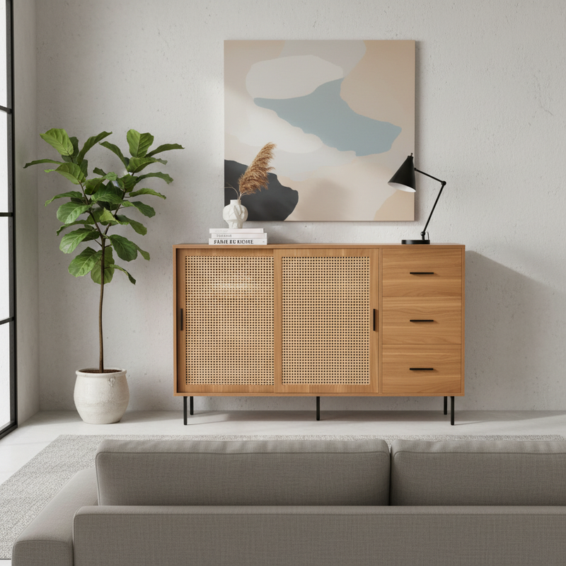 Buffet vintage effet bois et 2 portes coulissantes en rotin tressé et 3 tiroirs PROPOLIS