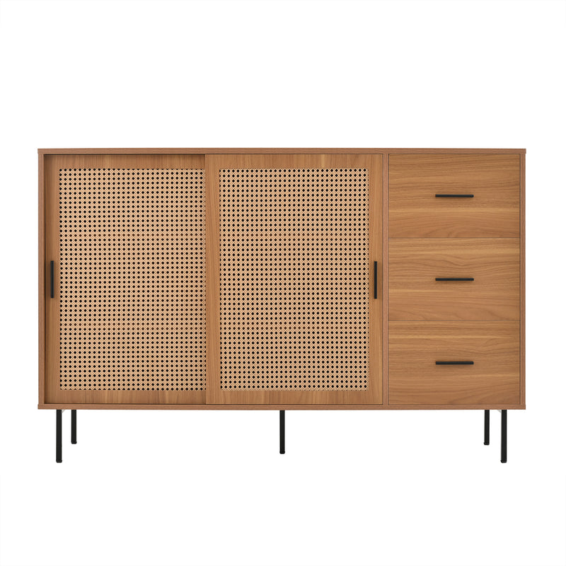 Buffet vintage effet bois et 2 portes coulissantes en rotin tressé et 3 tiroirs PROPOLIS