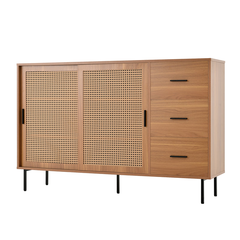 Buffet vintage effet bois et 2 portes coulissantes en rotin tressé et 3 tiroirs PROPOLIS