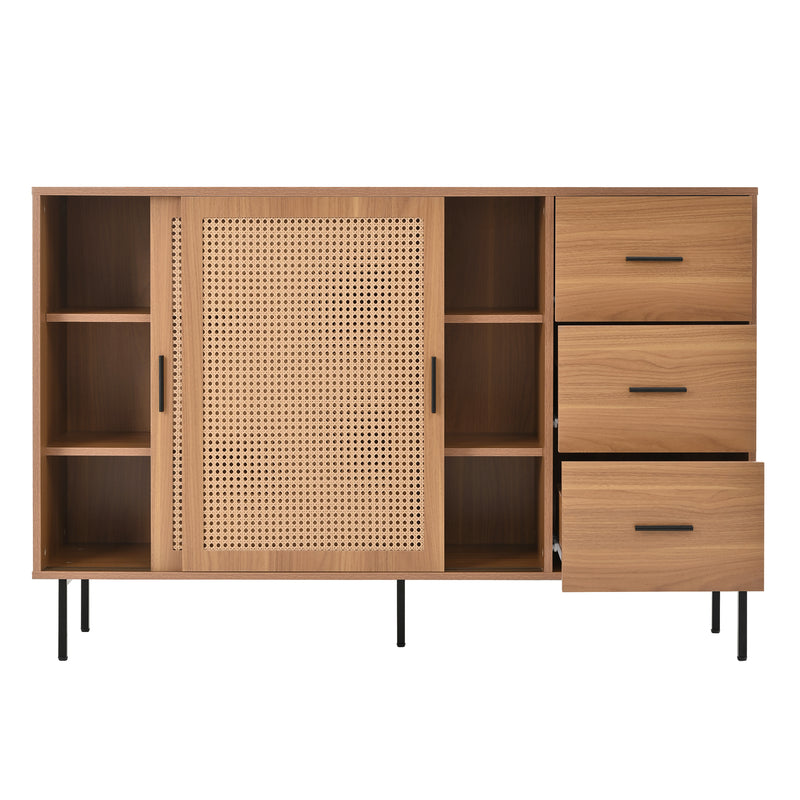 Buffet vintage effet bois et 2 portes coulissantes en rotin tressé et 3 tiroirs PROPOLIS
