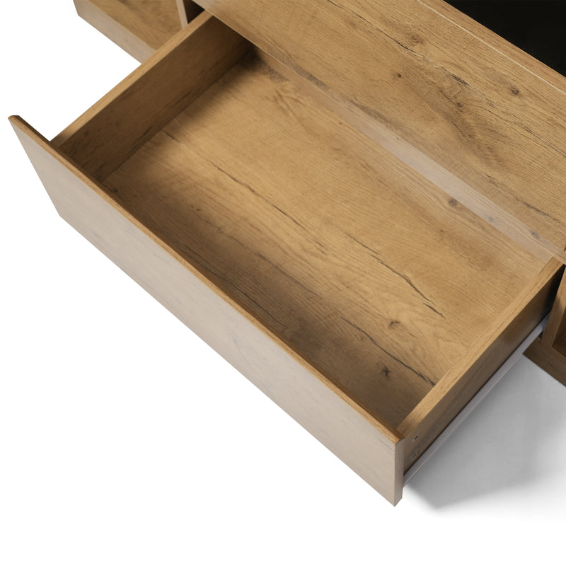 Buffet industriel effet chêne, niche noir et top en verre, 2 portes 2 tiroirs PROTONFEN