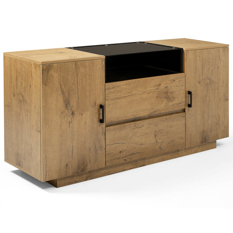 Buffet industriel effet chêne, niche noir et top en verre, 2 portes 2 tiroirs PROTONFEN