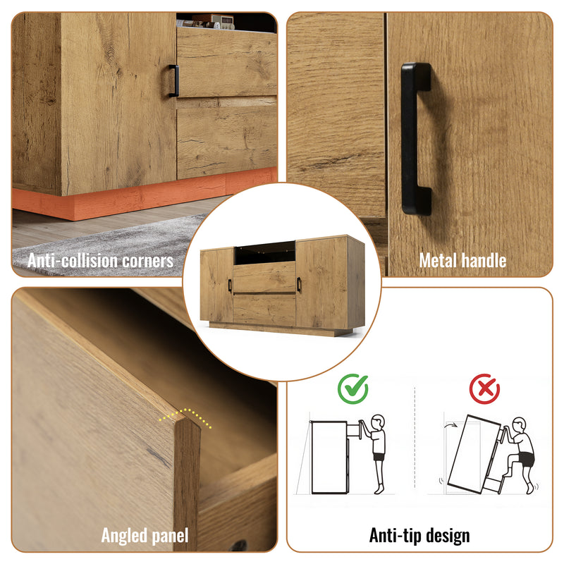 Buffet industriel effet chêne, niche noir et top en verre, 2 portes 2 tiroirs PROTONFEN