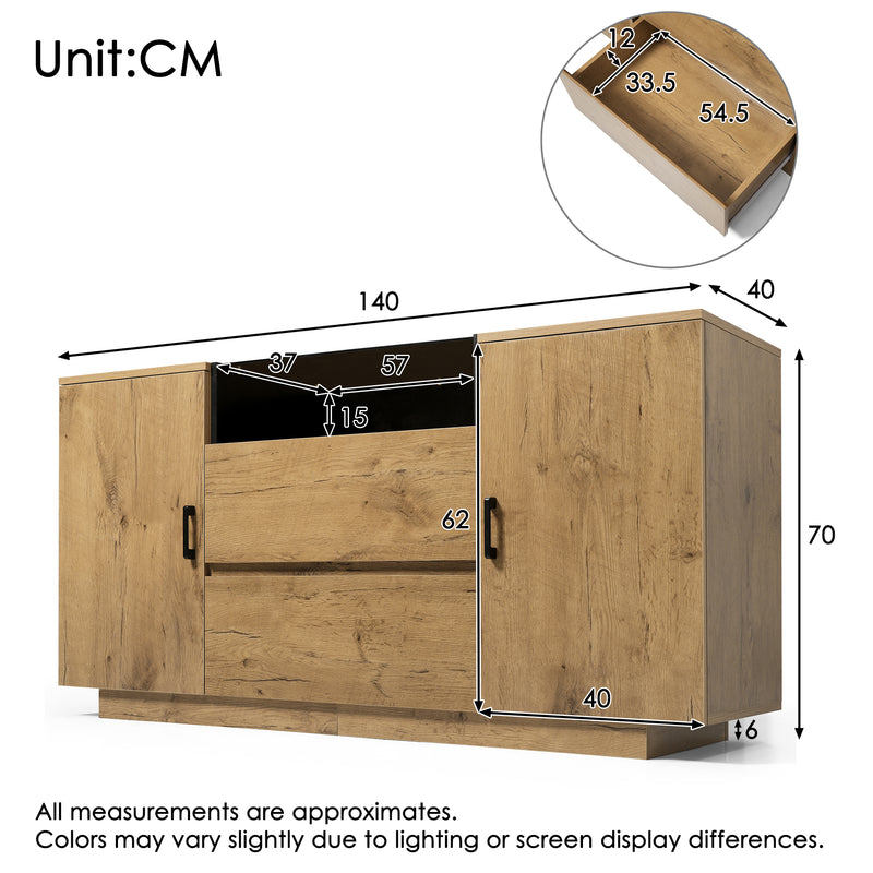 Buffet industriel effet chêne, niche noir et top en verre, 2 portes 2 tiroirs PROTONFEN