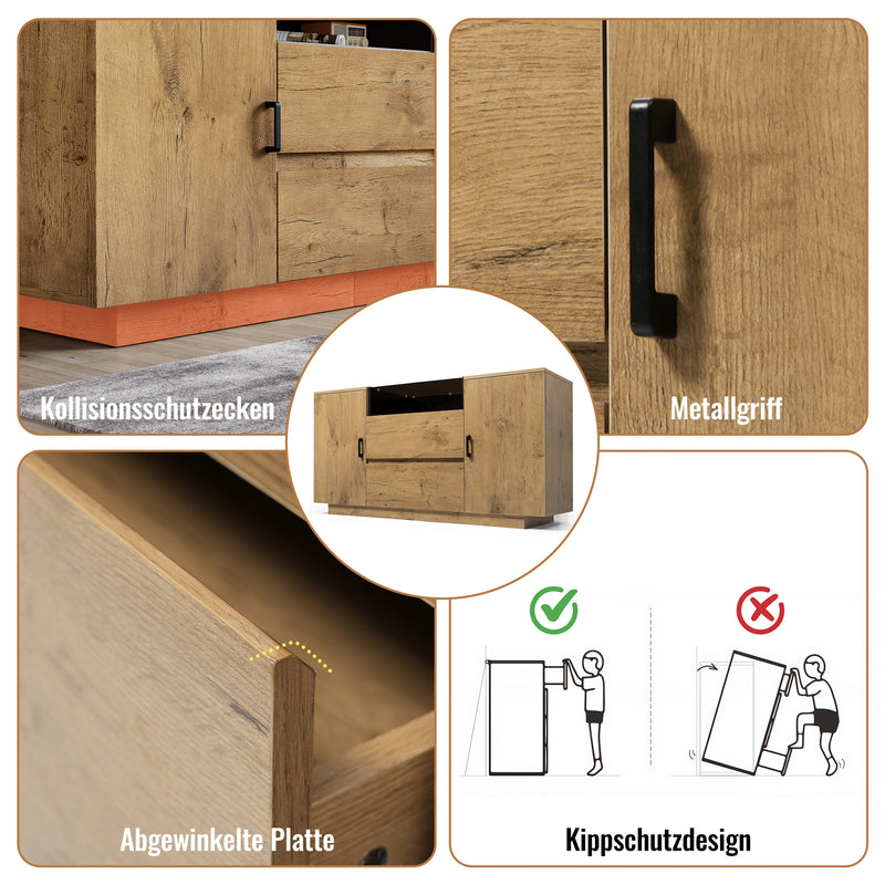 Buffet industriel effet chêne, niche noir et top en verre, 2 portes 2 tiroirs PROTONFEN