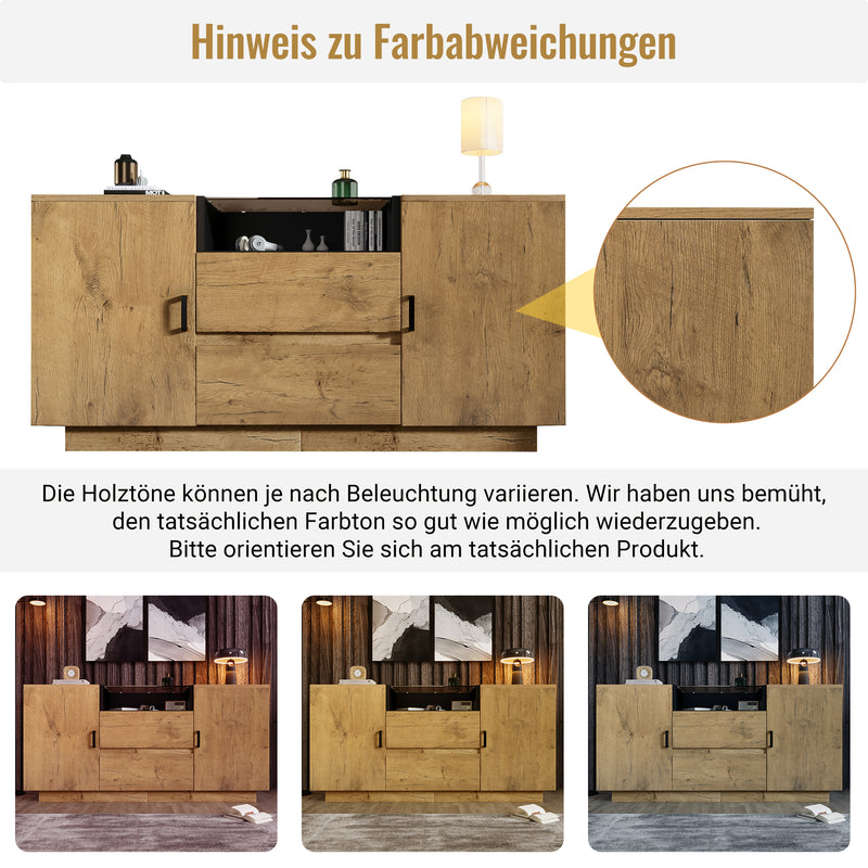 Buffet industriel effet chêne, niche noir et top en verre, 2 portes 2 tiroirs PROTONFEN