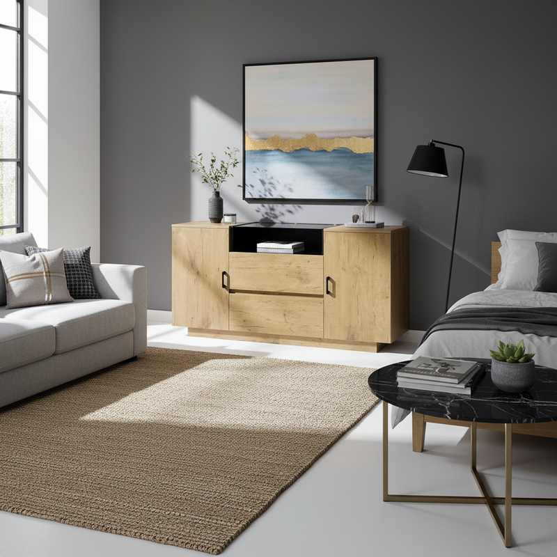 Buffet industriel effet chêne, niche noir et top en verre, 2 portes 2 tiroirs PROTONFEN