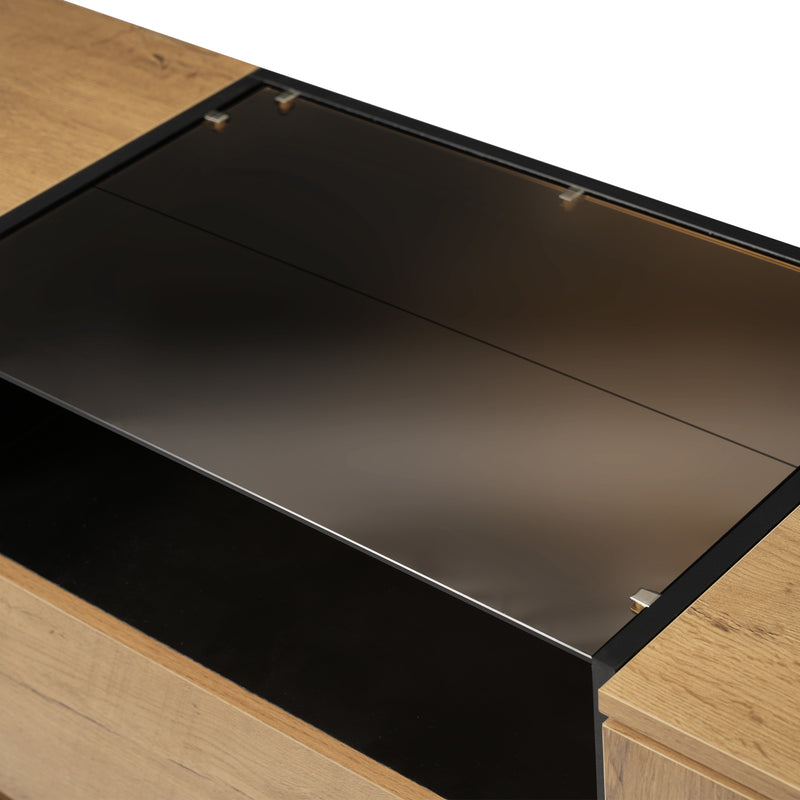 Buffet industriel effet chêne, niche noir et top en verre, 2 portes 2 tiroirs PROTONFEN