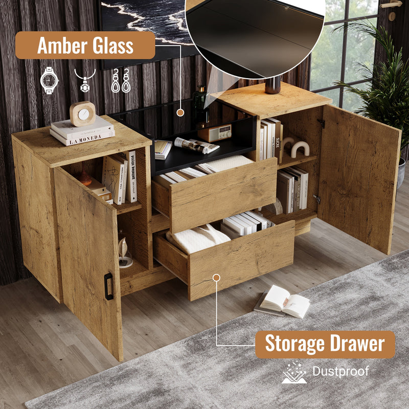 Buffet industriel effet chêne, niche noir et top en verre, 2 portes 2 tiroirs PROTONFEN