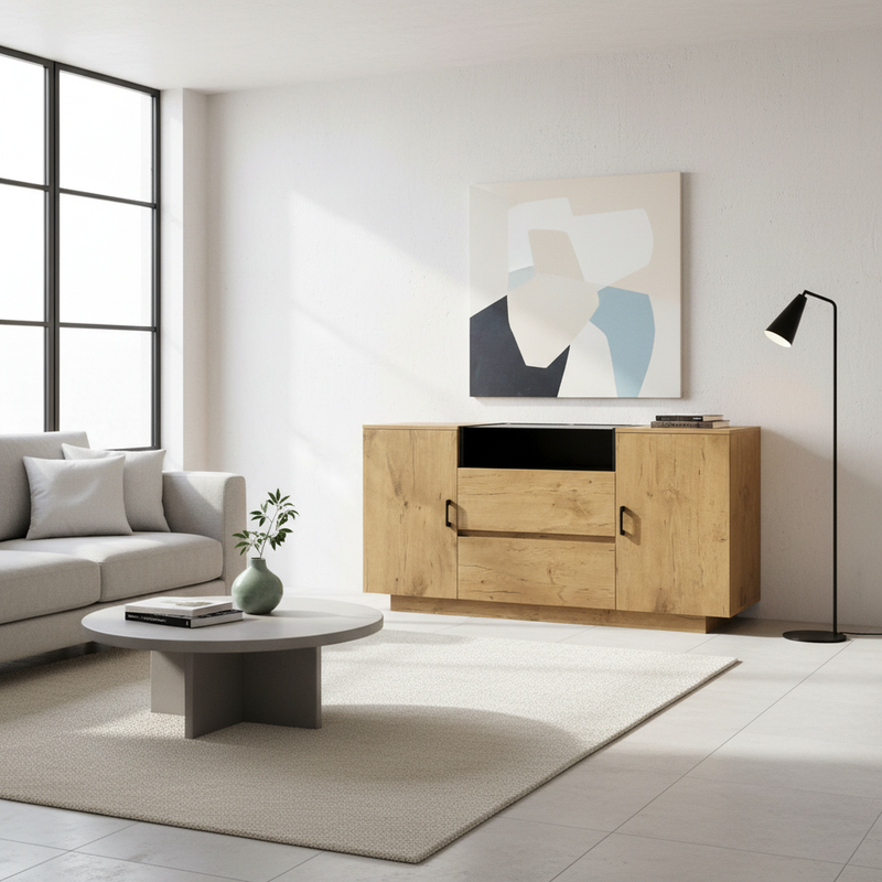 Buffet industriel effet chêne, niche noir et top en verre, 2 portes 2 tiroirs PROTONFEN