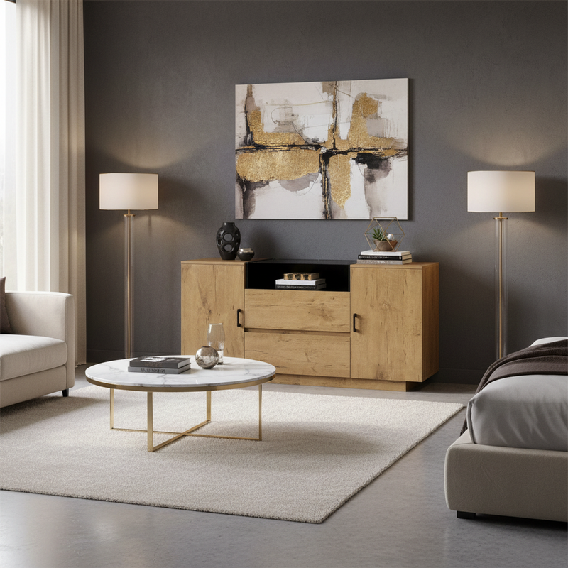 Buffet industriel effet chêne, niche noir et top en verre, 2 portes 2 tiroirs PROTONFEN