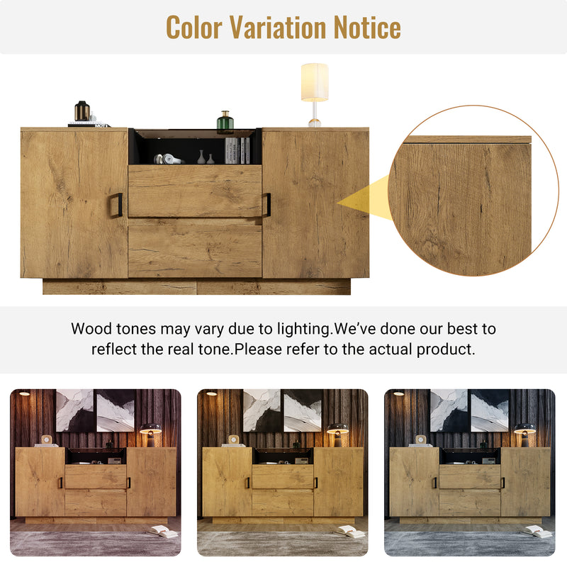 Buffet industriel effet chêne, niche noir et top en verre, 2 portes 2 tiroirs PROTONFEN