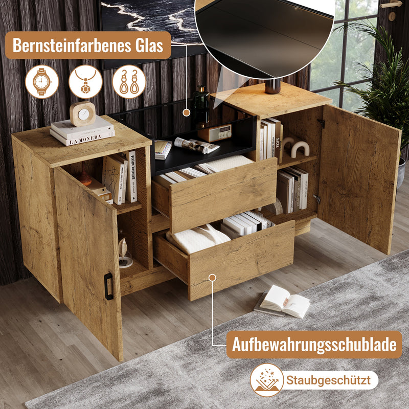 Buffet industriel effet chêne, niche noir et top en verre, 2 portes 2 tiroirs PROTONFEN