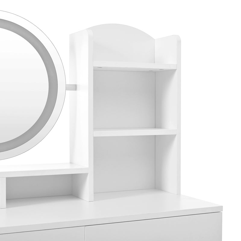 Set de coiffeuse blanche 4-en-1 avec long miroir, miroir ronde LED, tabouret rembourré et rangement caché QATOX