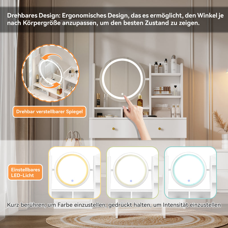 Set de coiffeuse blanche 4-en-1 avec long miroir, miroir ronde LED, tabouret rembourré et rangement caché QATOX