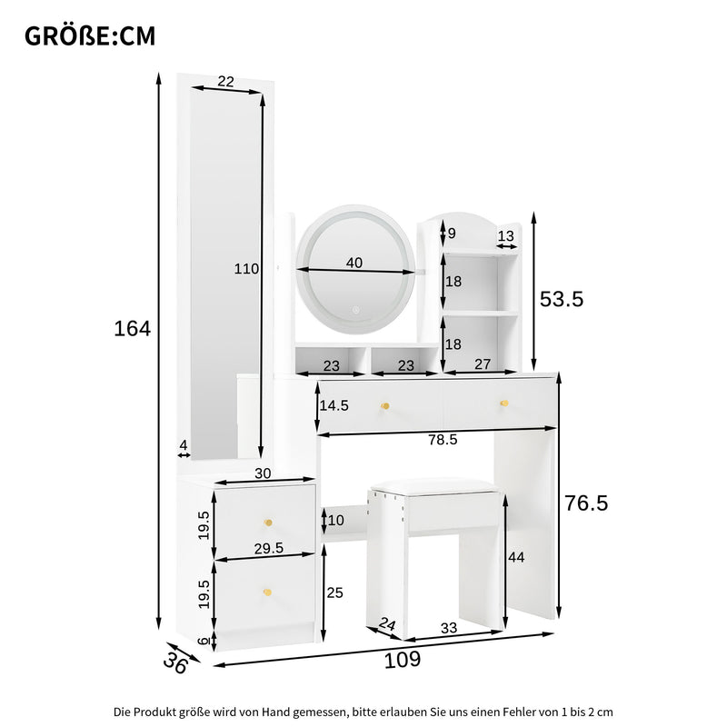 Set de coiffeuse blanche 4-en-1 avec long miroir, miroir ronde LED, tabouret rembourré et rangement caché QATOX