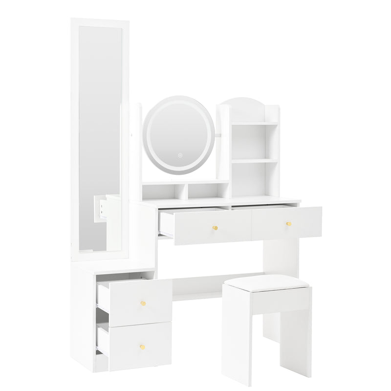 Set de coiffeuse blanche 4-en-1 avec long miroir, miroir ronde LED, tabouret rembourré et rangement caché QATOX