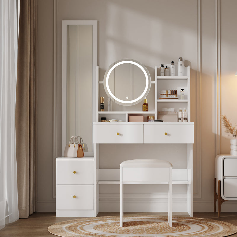 Set de coiffeuse blanche 4-en-1 avec long miroir, miroir ronde LED, tabouret rembourré et rangement caché QATOX