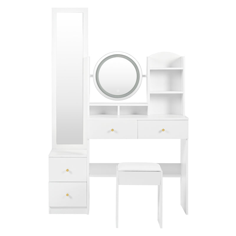 Set de coiffeuse blanche 4-en-1 avec long miroir, miroir ronde LED, tabouret rembourré et rangement caché QATOX
