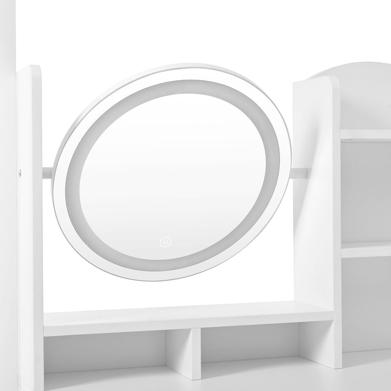 Set de coiffeuse blanche 4-en-1 avec long miroir, miroir ronde LED, tabouret rembourré et rangement caché QATOX