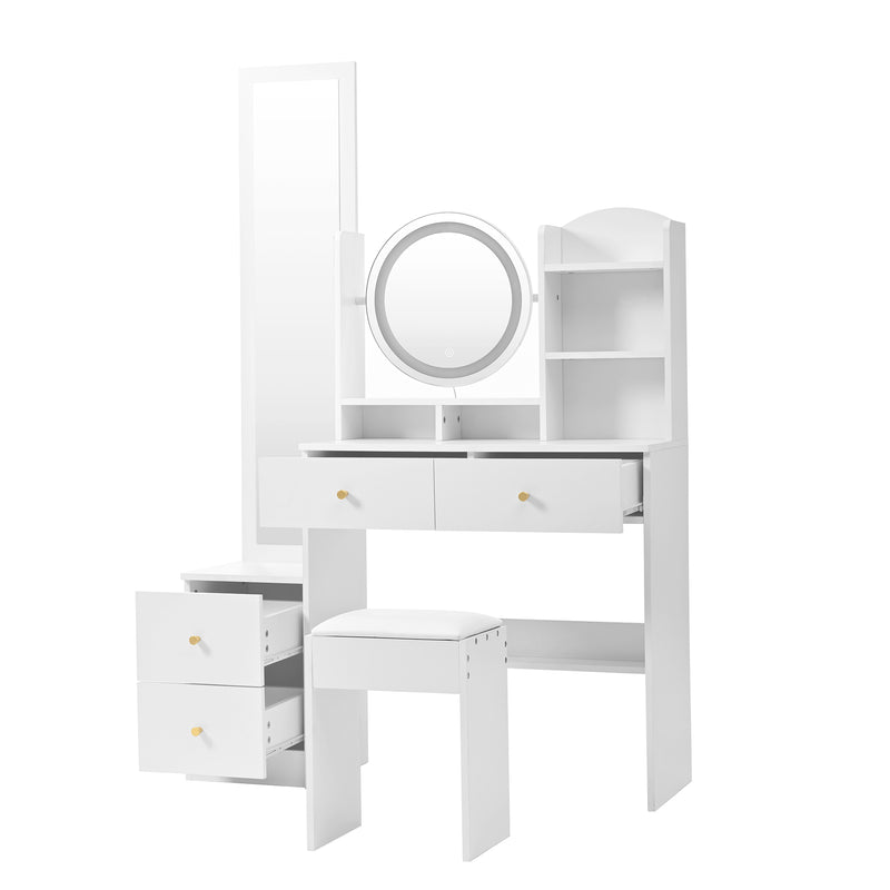 Set de coiffeuse blanche 4-en-1 avec long miroir, miroir ronde LED, tabouret rembourré et rangement caché QATOX
