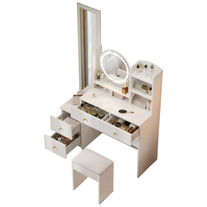 Set de coiffeuse blanche 4-en-1 avec long miroir, miroir ronde LED, tabouret rembourré et rangement caché QATOX