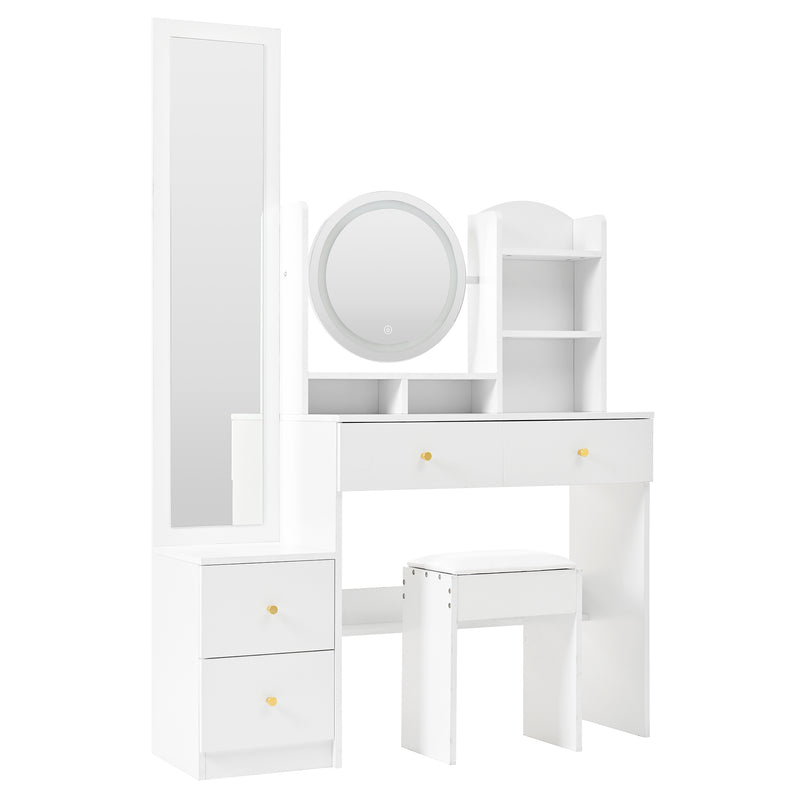 Set de coiffeuse blanche 4-en-1 avec long miroir, miroir ronde LED, tabouret rembourré et rangement caché QATOX