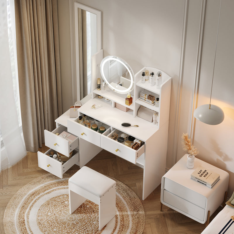 Set de coiffeuse blanche 4-en-1 avec long miroir, miroir ronde LED, tabouret rembourré et rangement caché QATOX