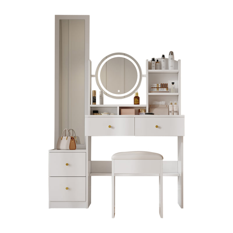 Set de coiffeuse blanche 4-en-1 avec long miroir, miroir ronde LED, tabouret rembourré et rangement caché QATOX