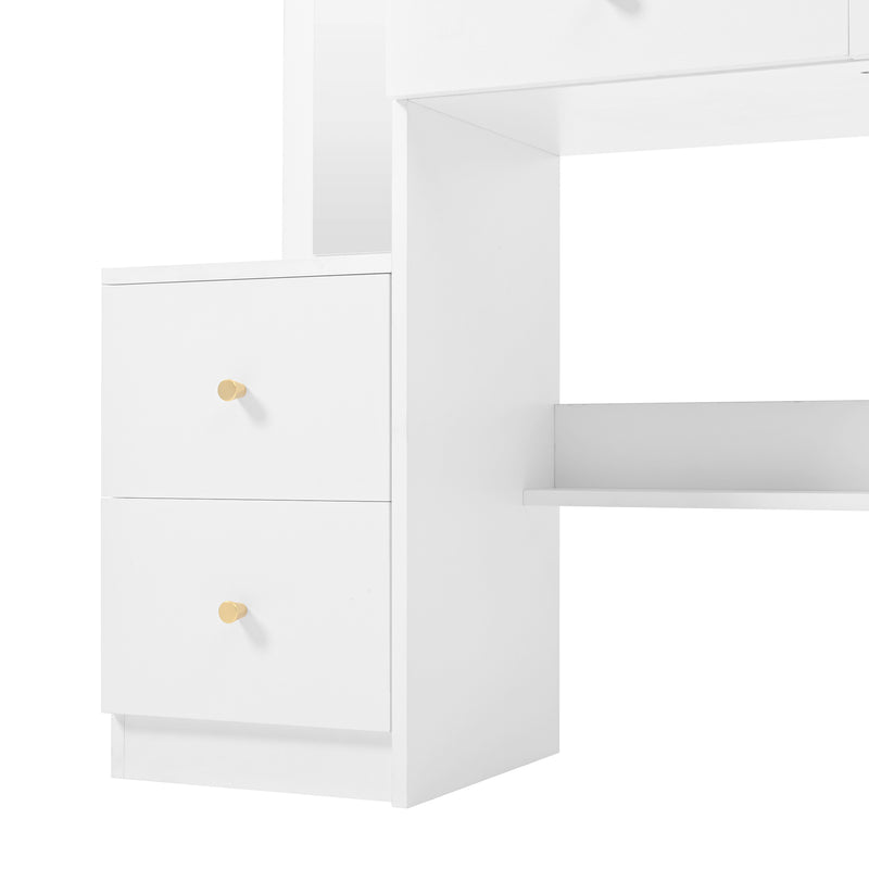 Set de coiffeuse blanche 4-en-1 avec long miroir, miroir ronde LED, tabouret rembourré et rangement caché QATOX