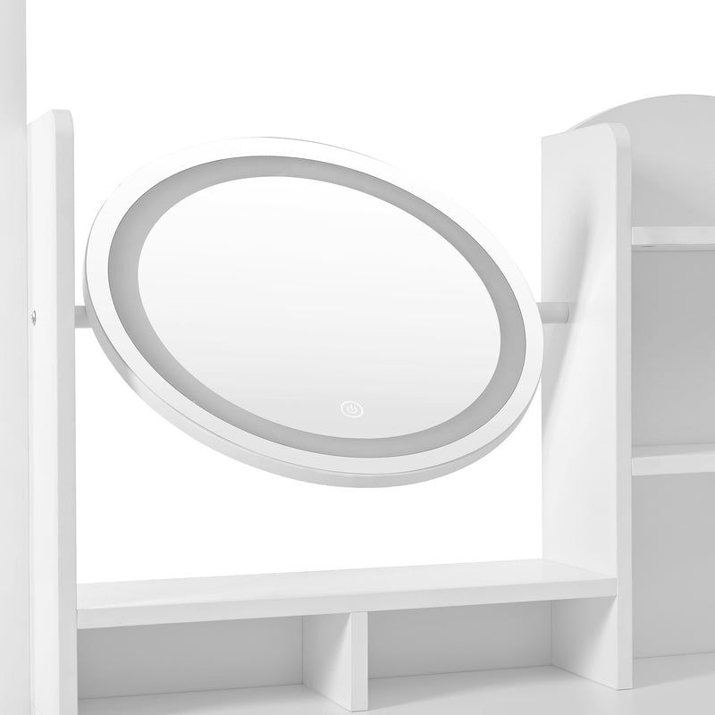Set de coiffeuse blanche 4-en-1 avec long miroir, miroir ronde LED, tabouret rembourré et rangement caché QATOX