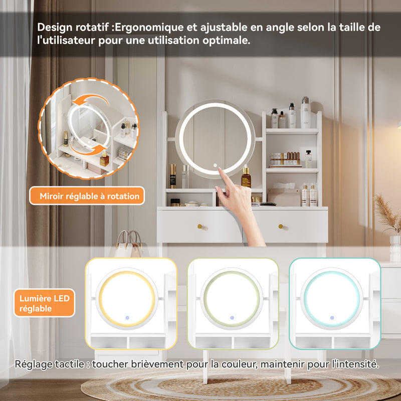 Set de coiffeuse blanche 4-en-1 avec long miroir, miroir ronde LED, tabouret rembourré et rangement caché QATOX