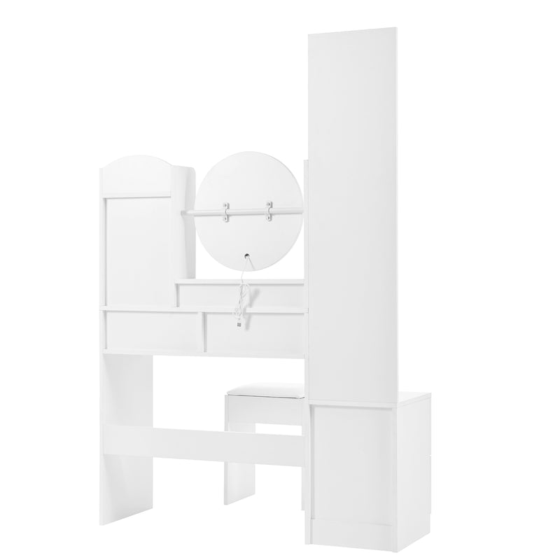 Set de coiffeuse blanche 4-en-1 avec long miroir, miroir ronde LED, tabouret rembourré et rangement caché QATOX