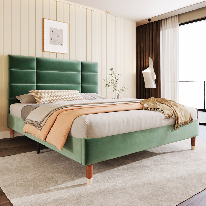 Lit double tête de lit en velours vert foncé avec sommier à lattes 140x200cm (matelas non inclus) QHAELXIDS GREEN