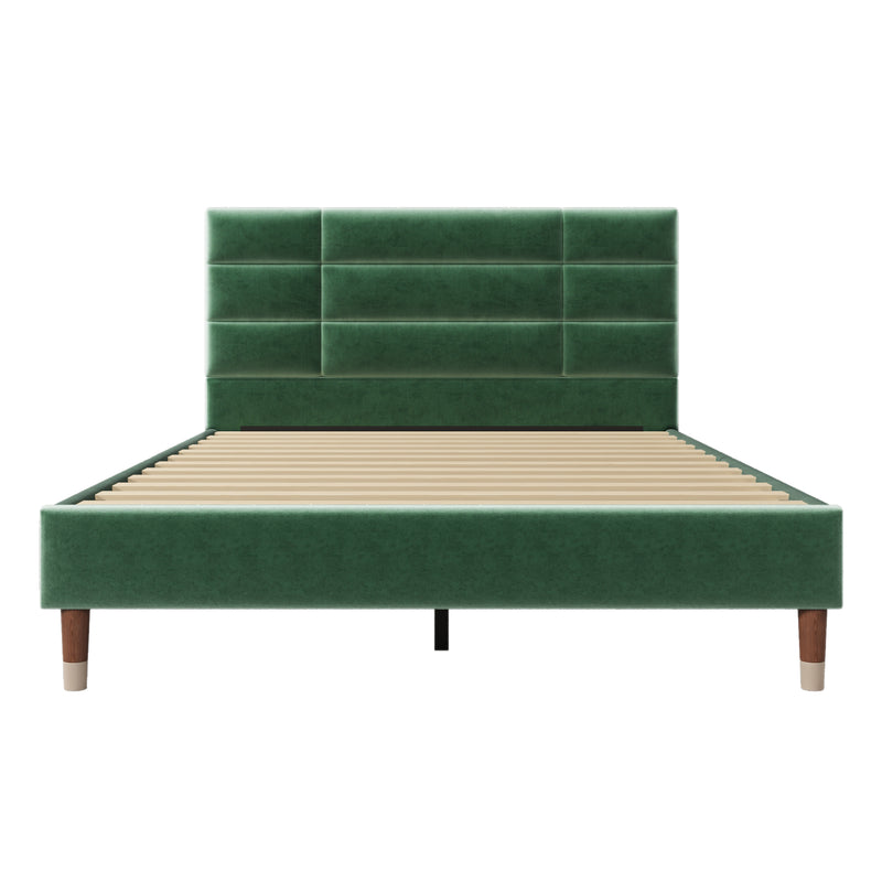 Lit double tête de lit en velours vert foncé avec sommier à lattes 140x200cm (matelas non inclus) QHAELXIDS GREEN